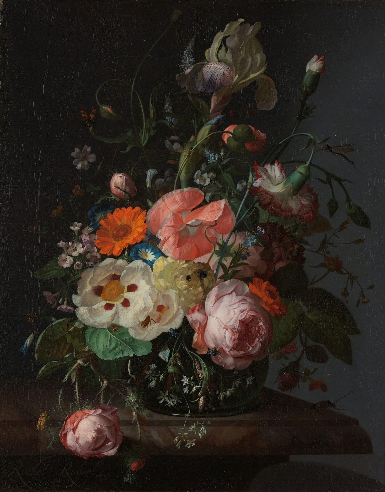 Martwa natura z kwiatami na marmurowym blacie - Rachel Ruysch
