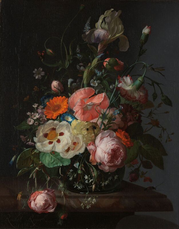 Martwa natura z kwiatami na marmurowym blacie - Rachel Ruysch