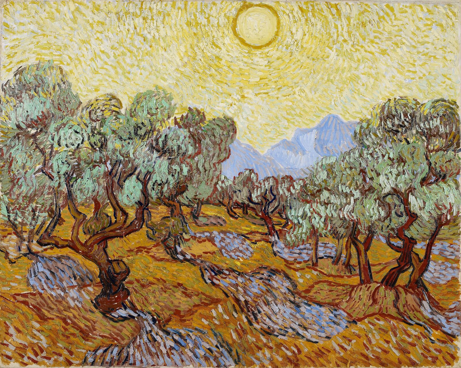 Drzewa oliwne z żółtym niebem i słońcem - Vincent van Gogh